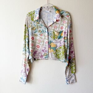 ASOS DESIGN Long Sleeve Button Down Semi Crop Short In Mixed Floral Print